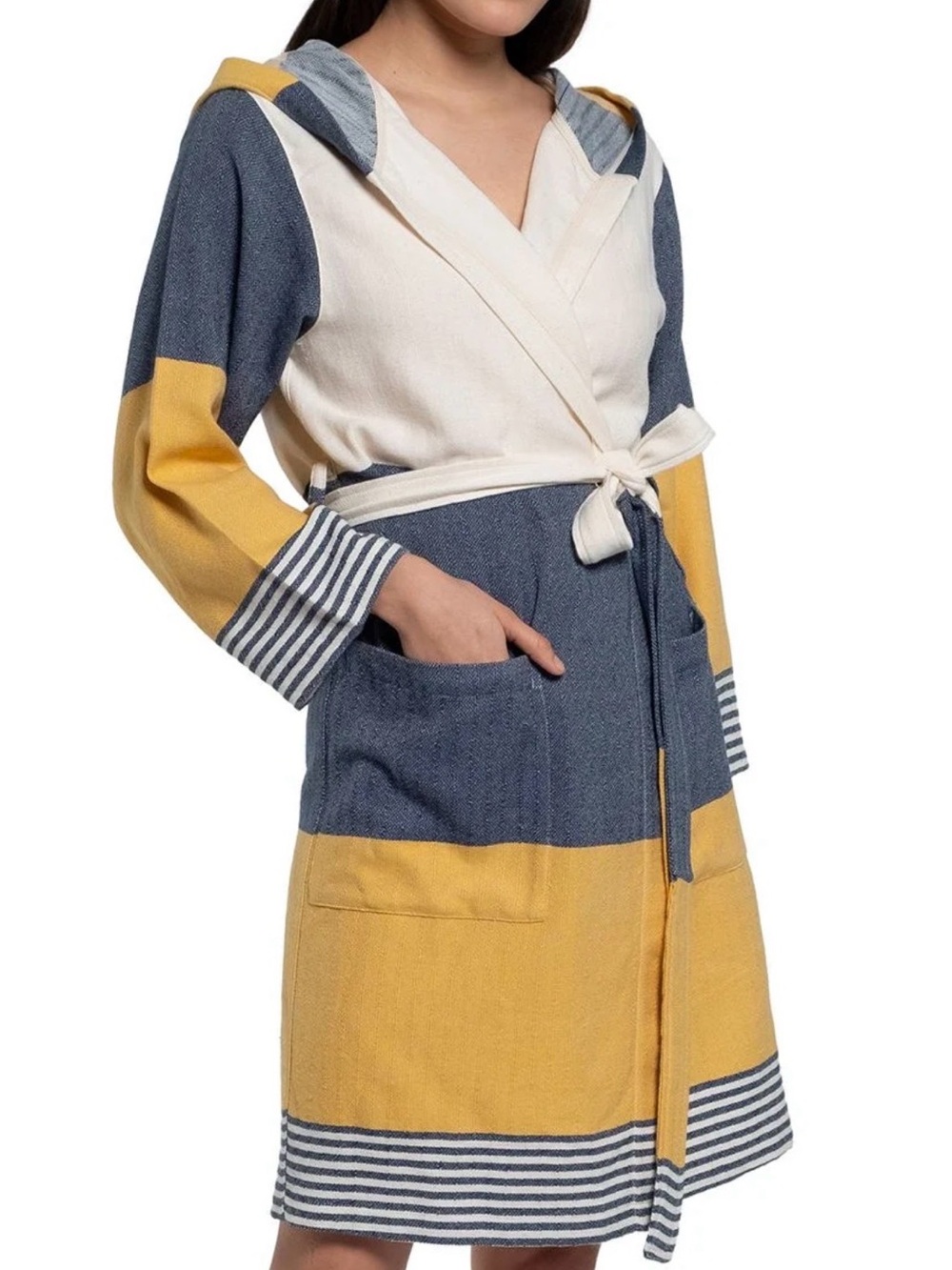 Buldano Turkish Cotton Hooded Wrap Robe S Colorblock Navy Yellow Beach Vaca EUC
